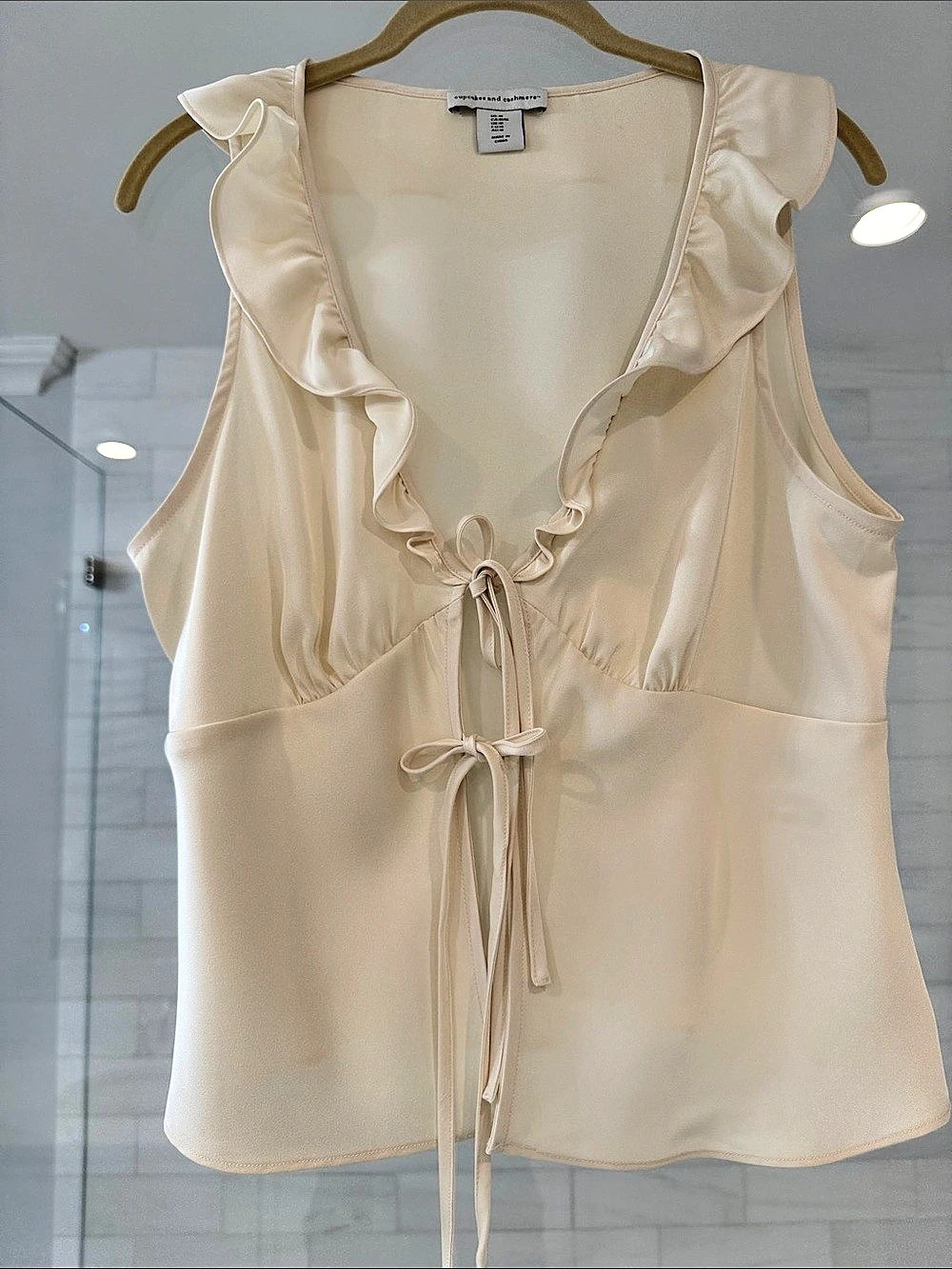 Cupcakes and Cashmere Ruffle Neck Tie Front Blouse in Cream Size Medium Like New